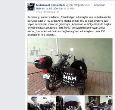 Adıyaman'da Motosikleti Çalınan İmam Facebook'tan Duyuru Yaptı