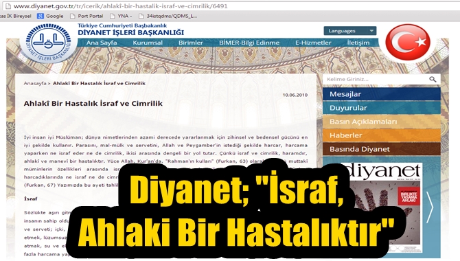 Diyanet; "İsraf, Ahlak-i Bir Hastalıktır"