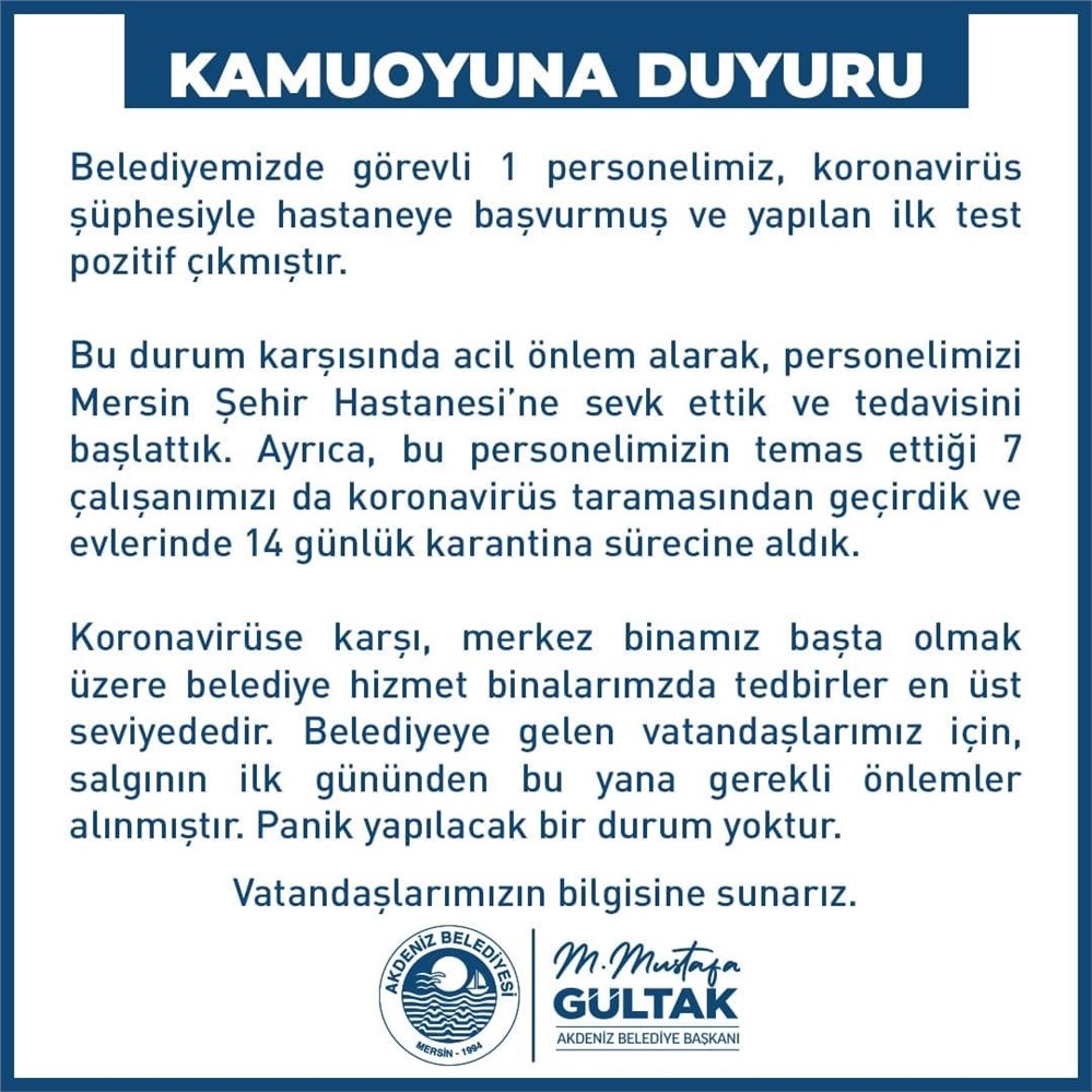 Koronavirüs Açıklaması! Akdeniz Belediye Başkanı Mustafa Gültak: ''1 Personelimizin İlk Testi Pozitif Çıktı, 7 Personel Evde Karantinaya Alındı''