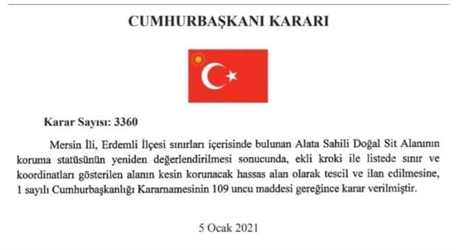 Cumhurbaşkanı Kararları Resmi Gazete'de Yayımlandı: Mersin Erdemli ve Bazı Bölgeler Sit Alanı İlan Edildi