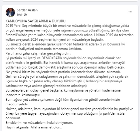 İyi Parti’den İlçe Belediye Başkan Aday Adayı Olan ve Uzun Zamandır Çalışmalarını Sürdüren İsim Partisinden İstifa Ettiğini Açıkladı