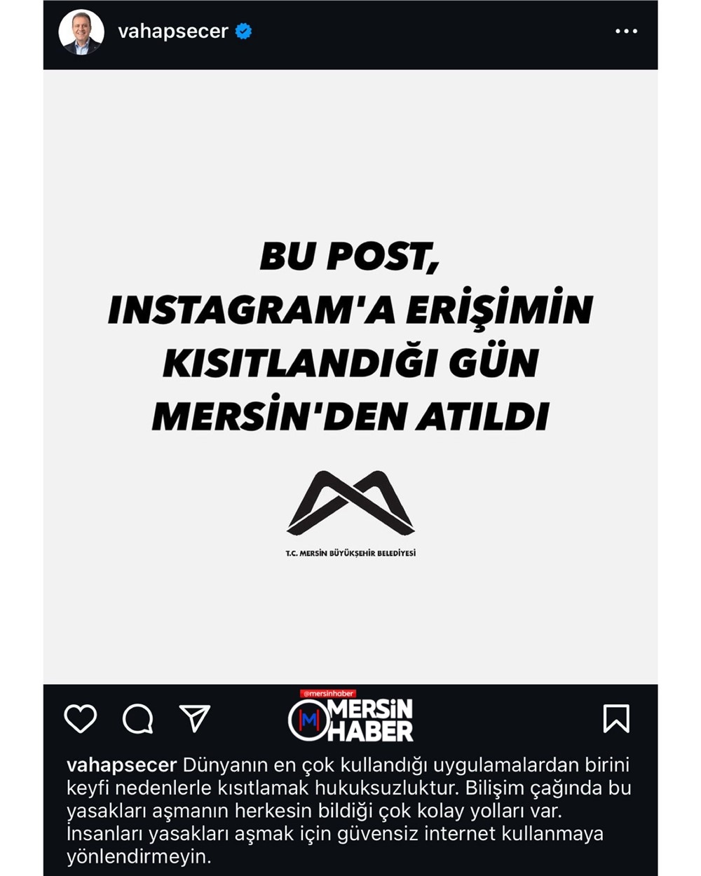 Mersin Büyükşehir Belediye Başkanı Seçer'den Instagram Erişim Kısıtlama Tepkisi