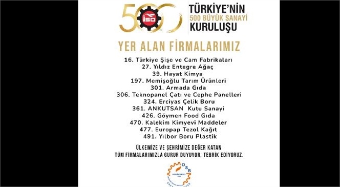 İstanbul Sanayi Odası (İSO) Tarafından Düzenlenen ‘Türkiye’nin Birinci 500 Büyük Sanayi Kuruluşu’ Listesinde Mersin Tarsus Organize Sanayi Bölgesi’nden 12 Firma Yer Aldı